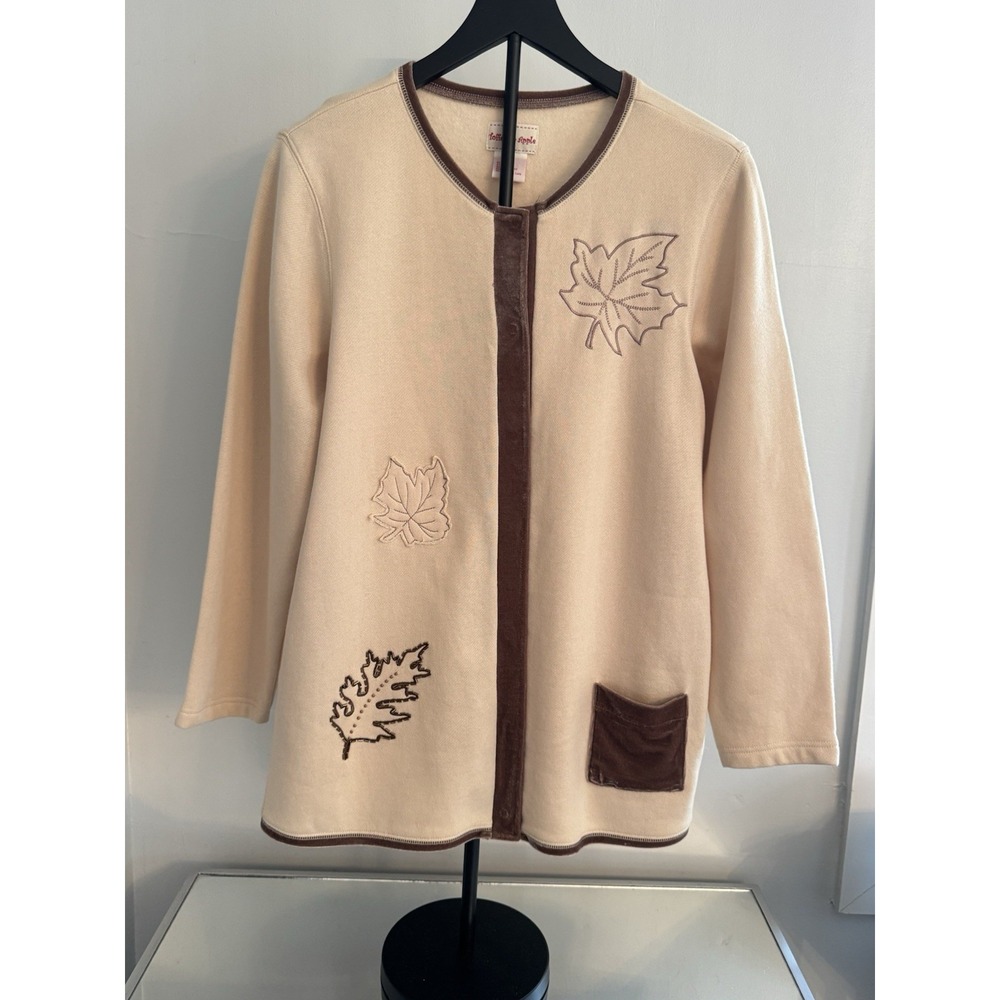 Toffee Apple Fall Leaf Embroidered Cardigan M‎ Cream Brown Velour Trim Cozy